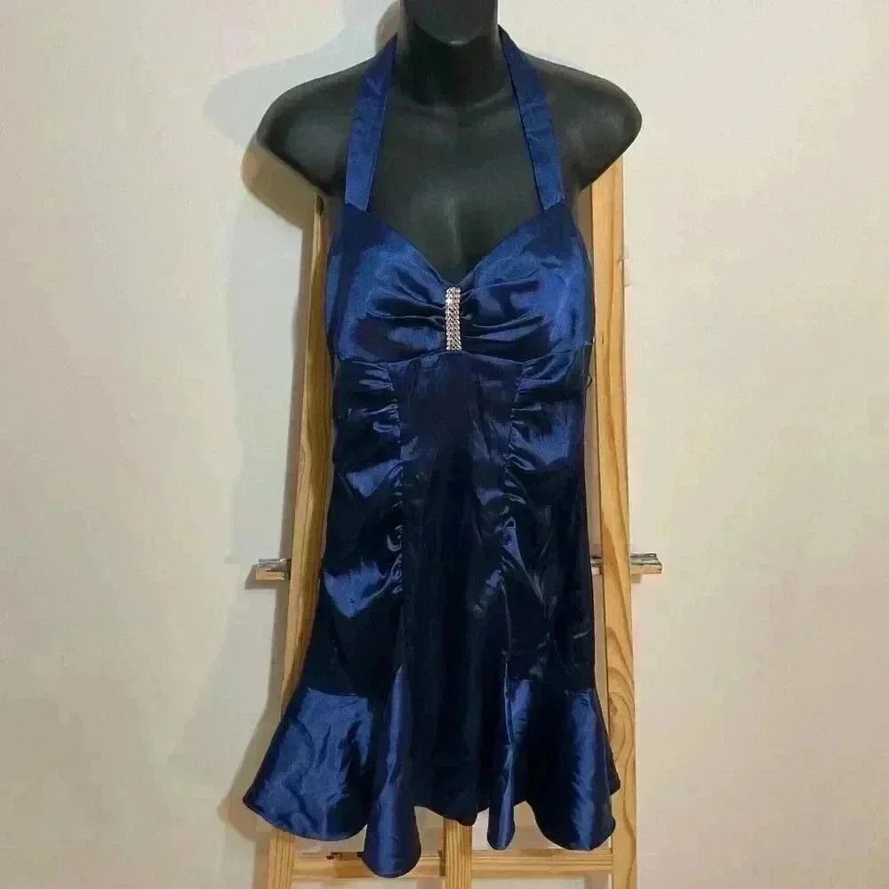 Kiki halter tie prom bodycon mini dress made in the USA,blue size medium